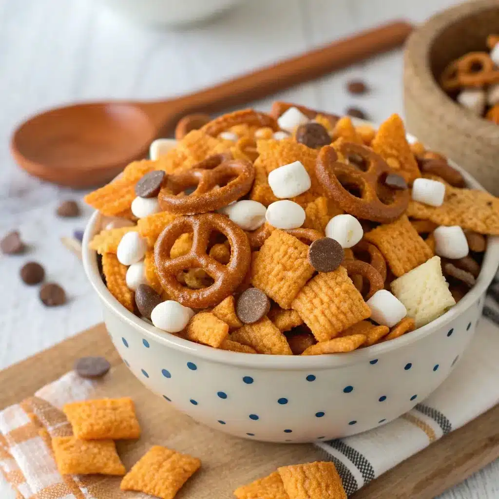 Pumpkin spice fall snack mix with marshmallows and pretzels