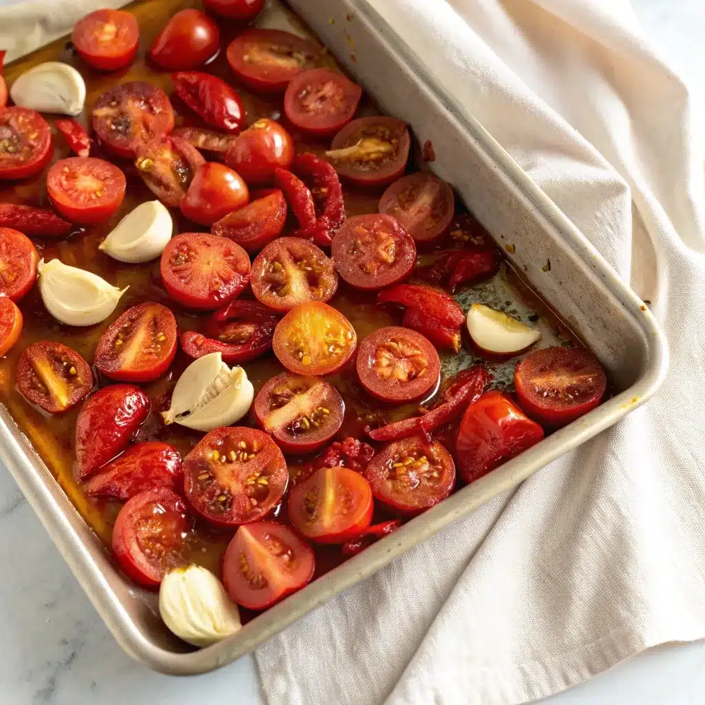 Roasting tomatoes, garlic, and red pepper for Creamy Roasted Tomato Basil Soup