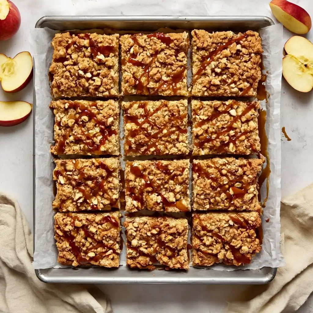 Salted caramel apple crumble bars in a square pan with caramel drizzle and golden topping.