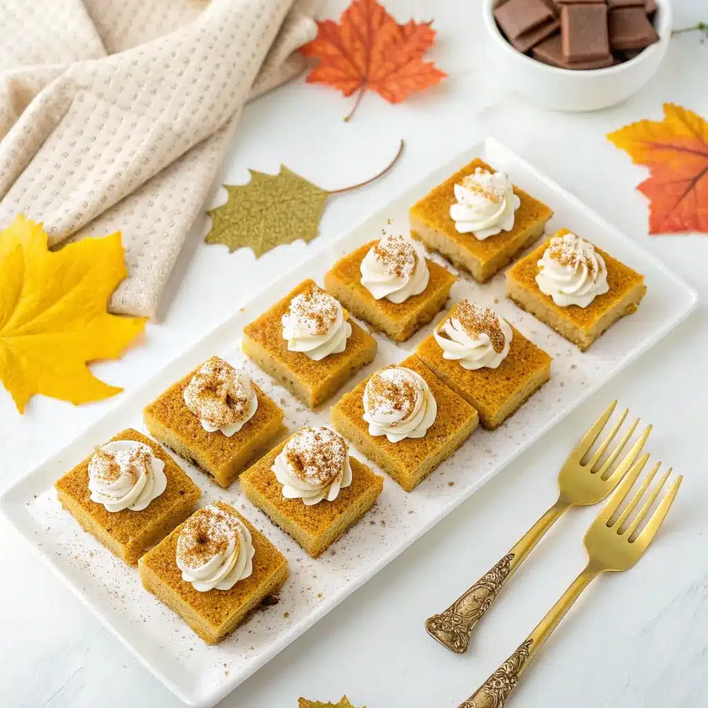 Pumpkin cheesecake bars arranged on serving platter