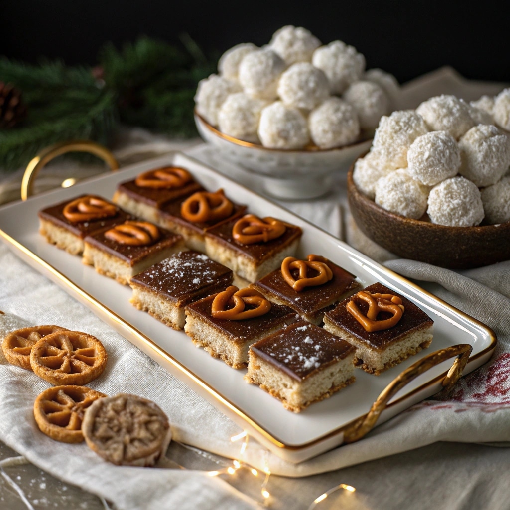 No bake salted caramel pretzel bars served on a dessert tray