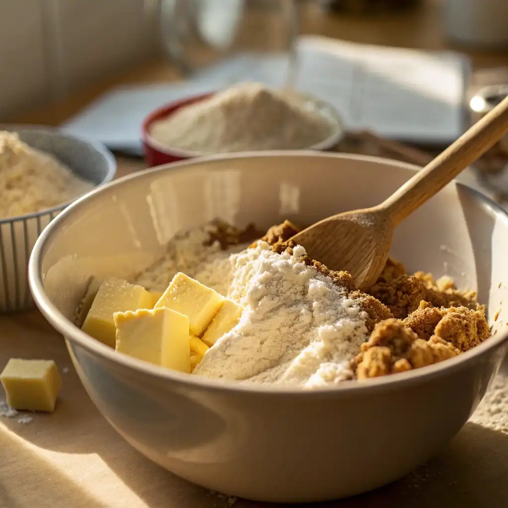 Mixing flour, butter, and brown sugar for shortbread crust in a bowl.