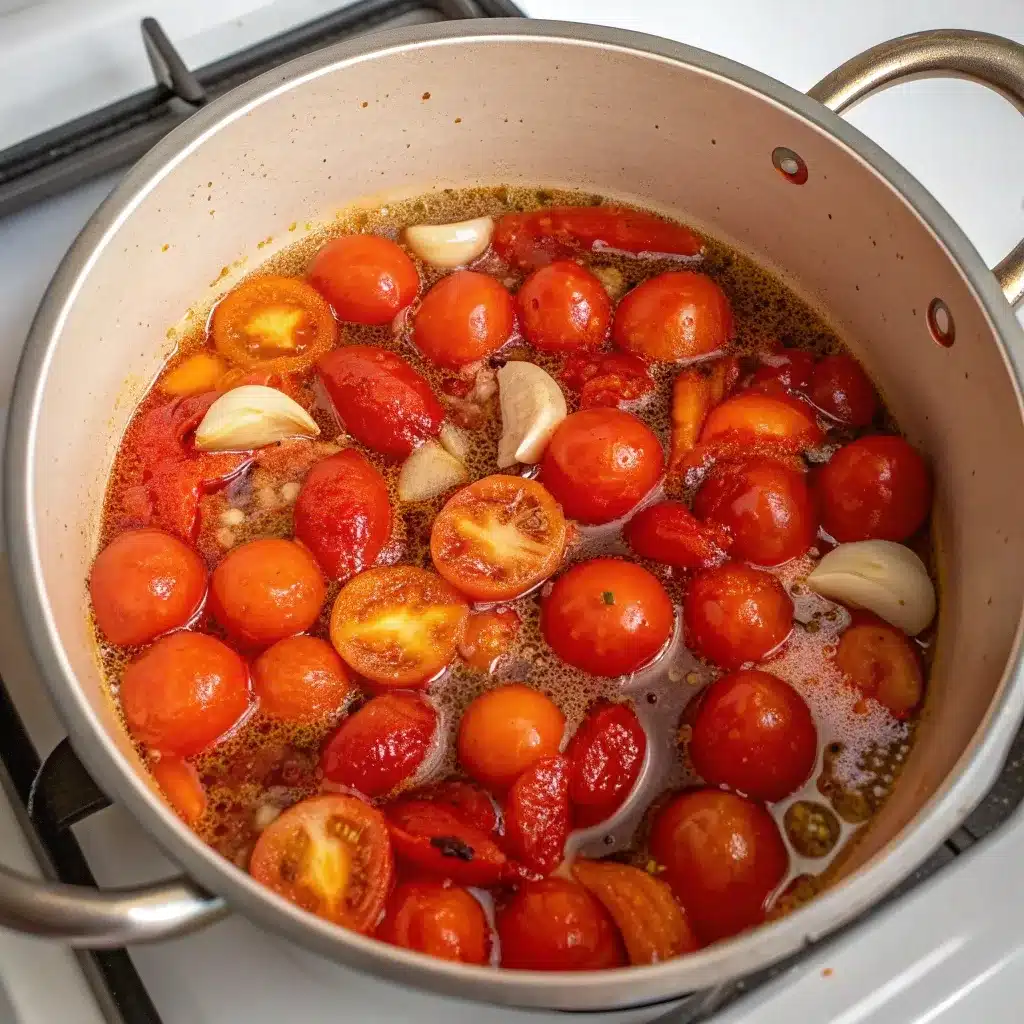 Simmering pot of roasted tomato basil soup with fresh tomatoes and garlic