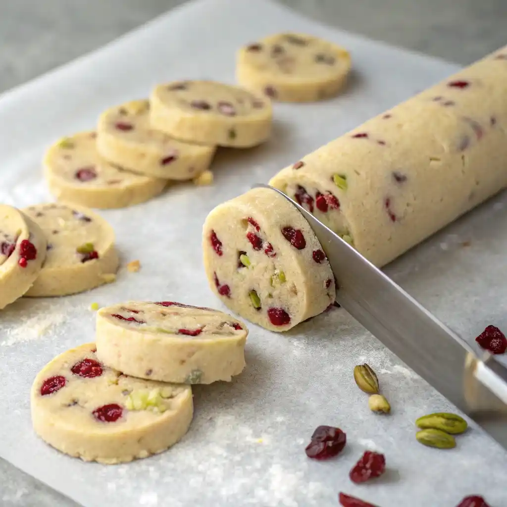 Slicing shortbread dough log into cookies with cranberries and pistachios.