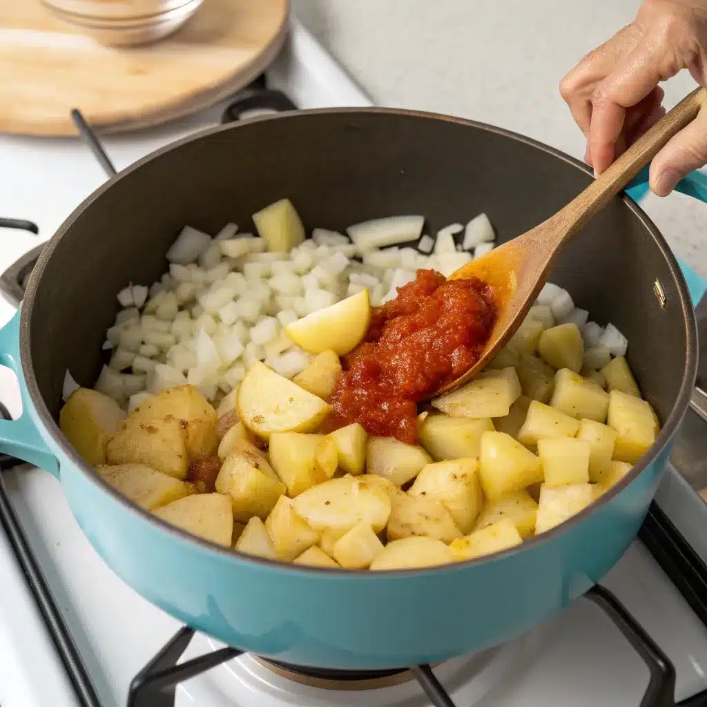 Onion, potato, and tomato paste base for Creamy Roasted Tomato Basil Soup