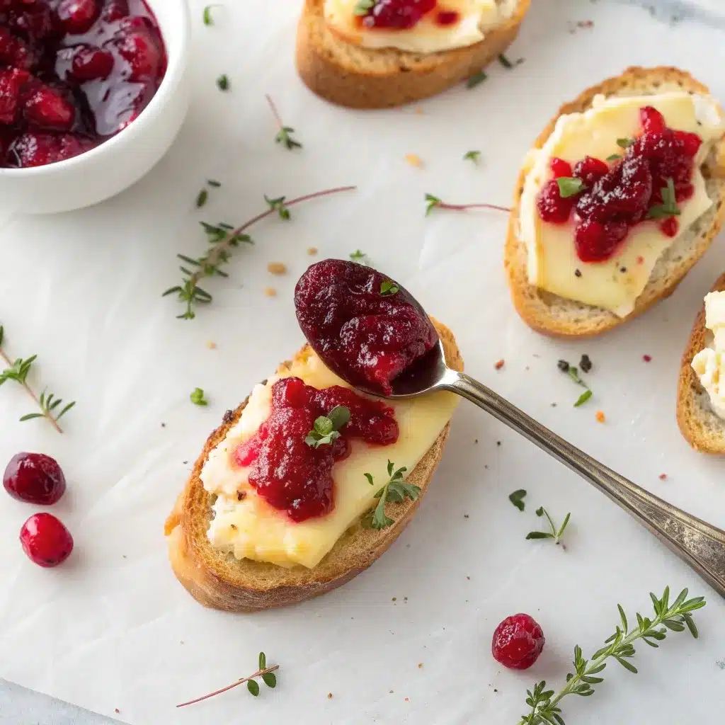 Spoon topping cranberry sauce on warm brie crostini.