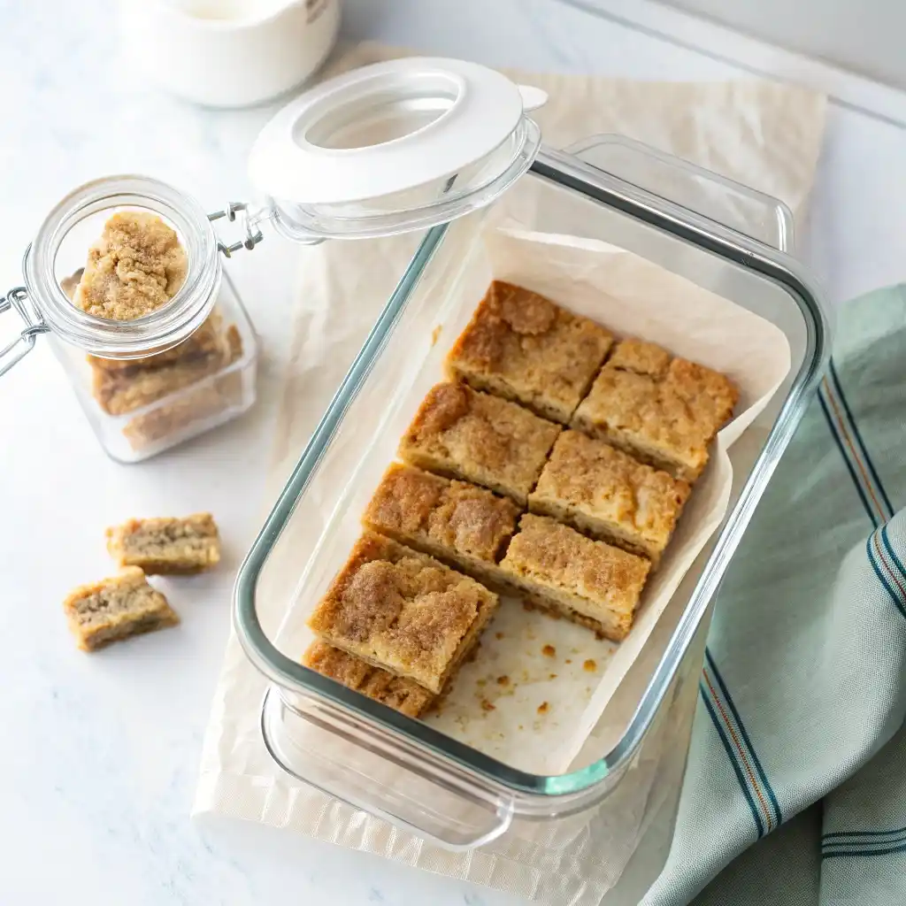 Apple cider blondie squares in a glass container with parchment layers.