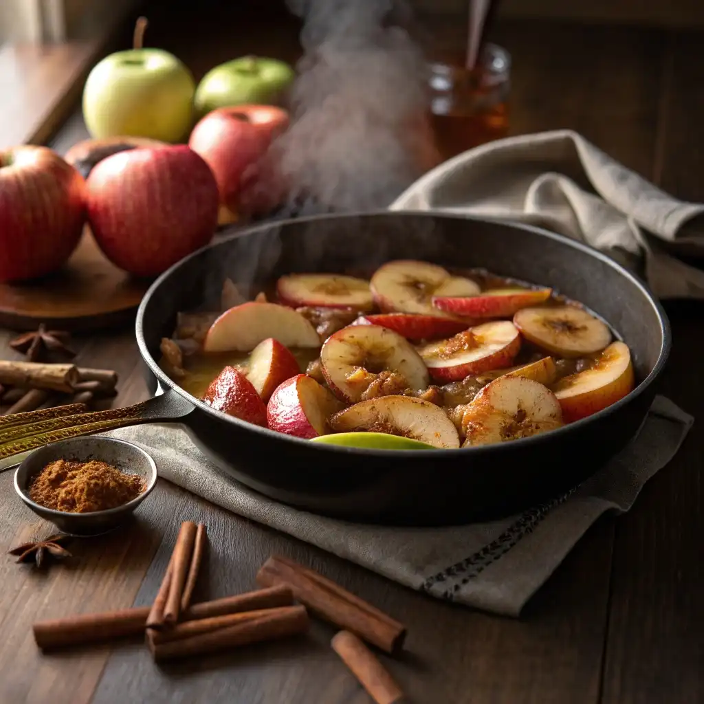 Diced apples cooking with cinnamon and nutmeg in a saucepan.