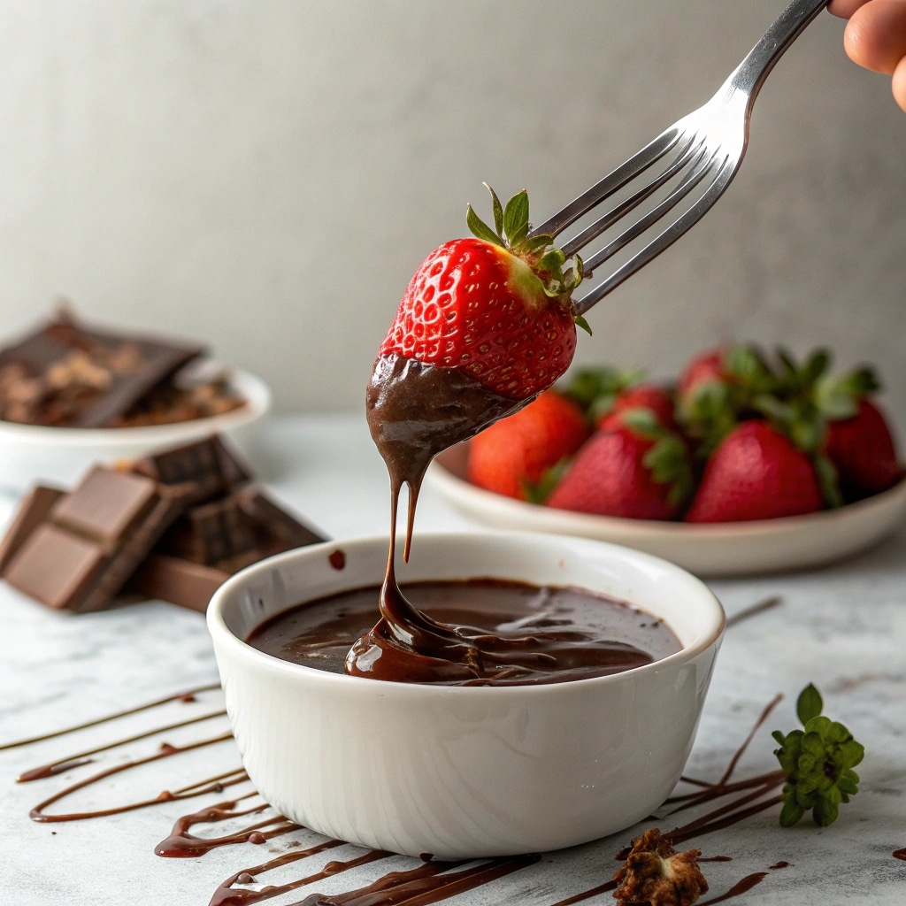 fork lifting a dipped strawberry over a bowl of melted chocolate with a thin ribbon falling back