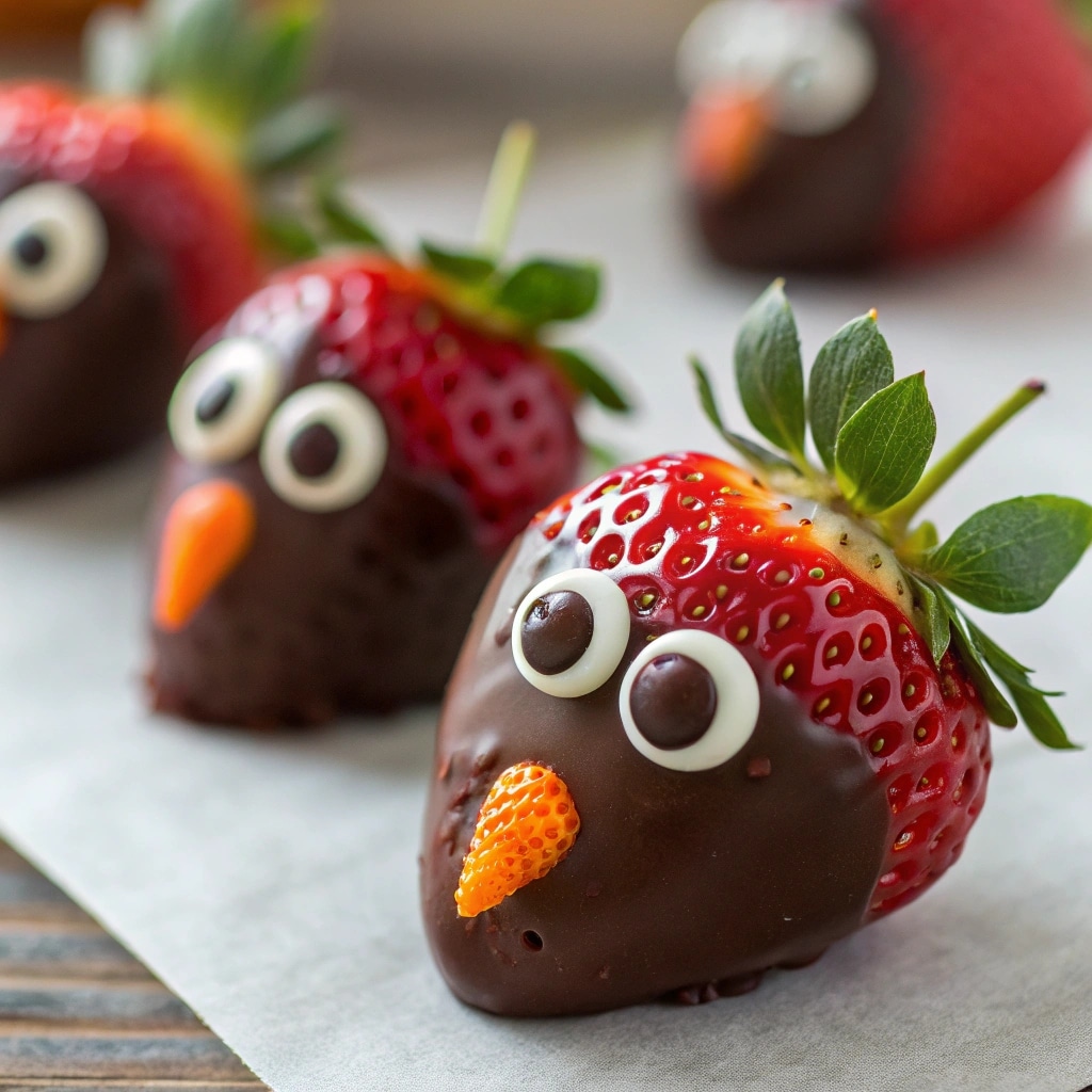 close-up of strawberry face with candy eyes orange chip beak and red wattle