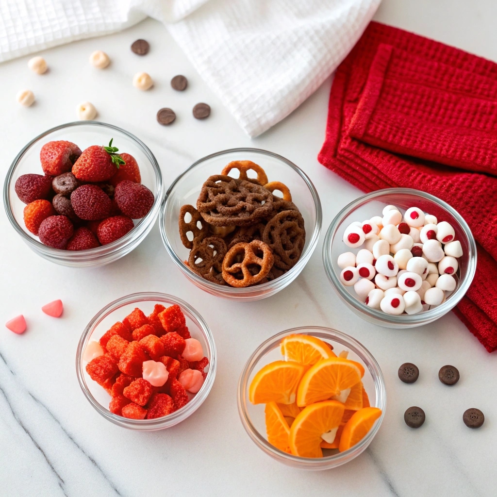 dry strawberries chocolate wafers pretzel sticks mini marshmallows candy eyes orange chips red candy on white stone