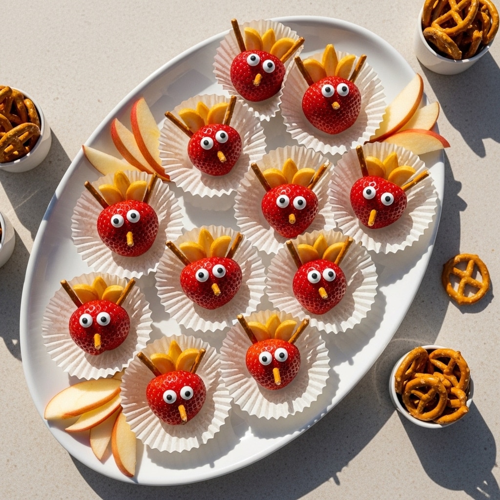 platter of strawberry turkeys with small cups of pretzels and apple slices nearby