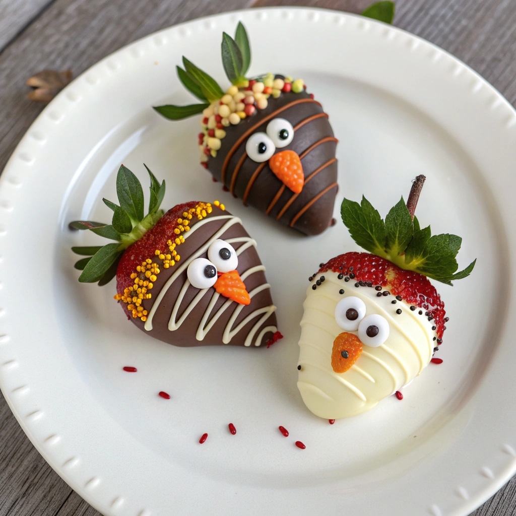 trio of strawberry turkeys in dark chocolate white chocolate and sprinkle finish on a small plate