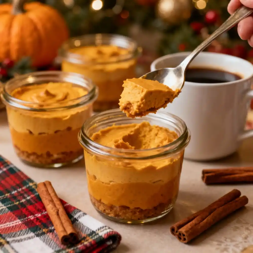 No bake pumpkin cheesecake jar with spoonful showing creamy texture on a holiday table.