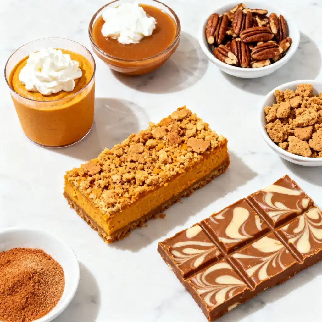 Thanksgiving pumpkin desserts board with mousse cups, cheesecake bars, and pumpkin spice bark plus toppings