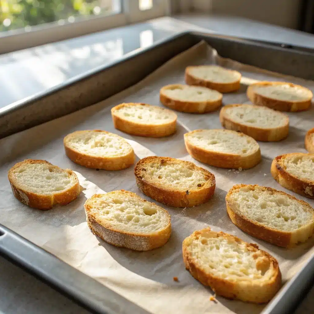Golden toasted baguette slices on a baking tray.