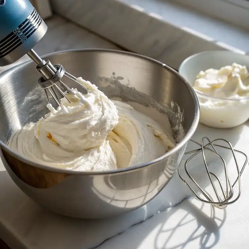 Heavy whipping cream whipped to stiff peaks in a mixing bowl