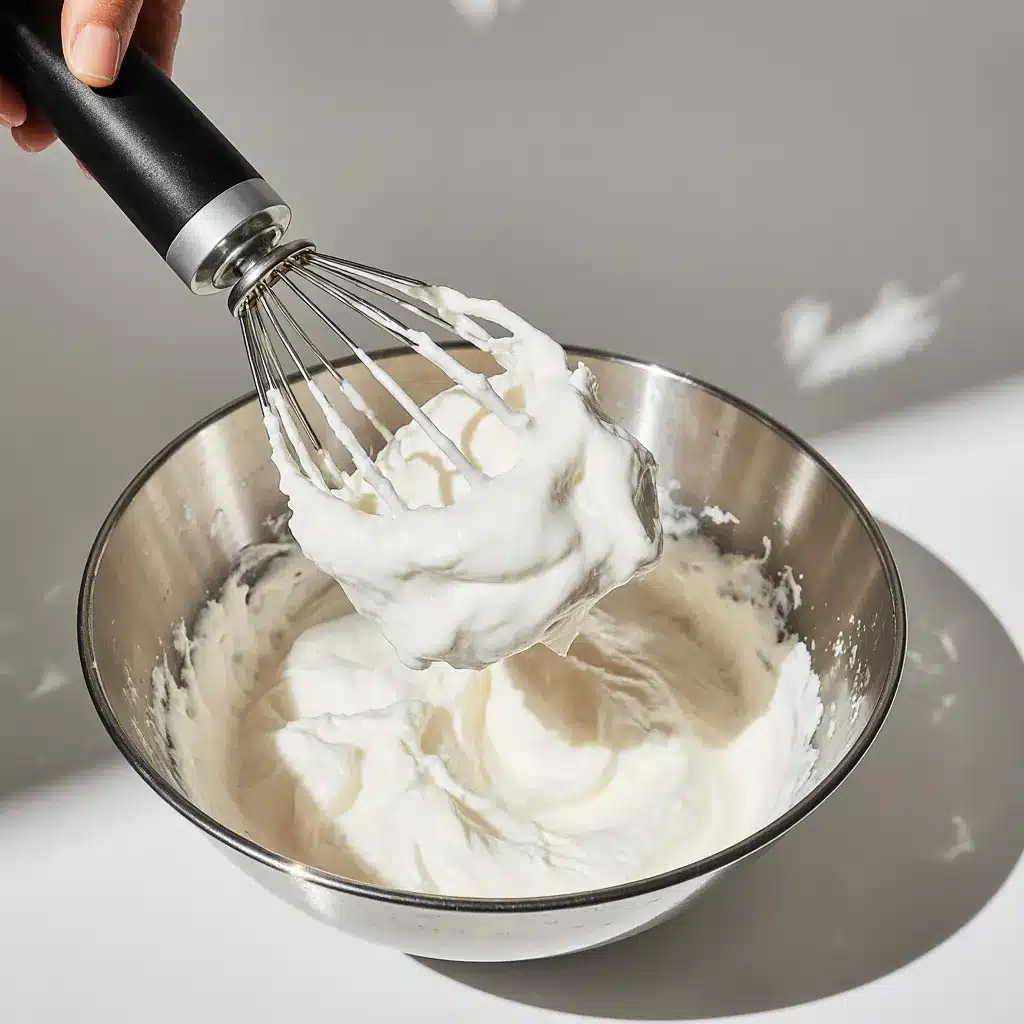 Electric mixer whipping cream in a metal bowl to soft peaks.