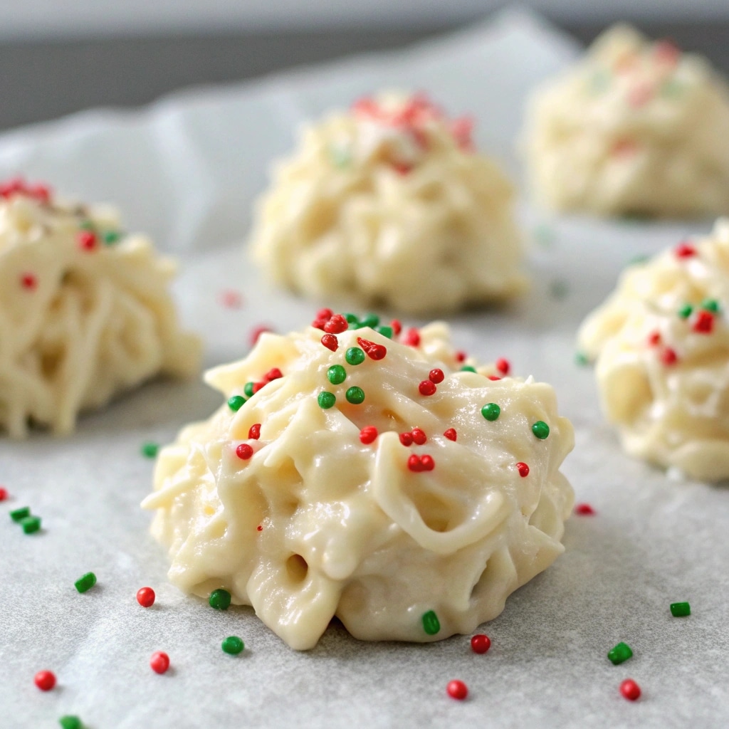 close-up of white chocolate haystacks coated in glossy white chocolate with red and green sprinkles