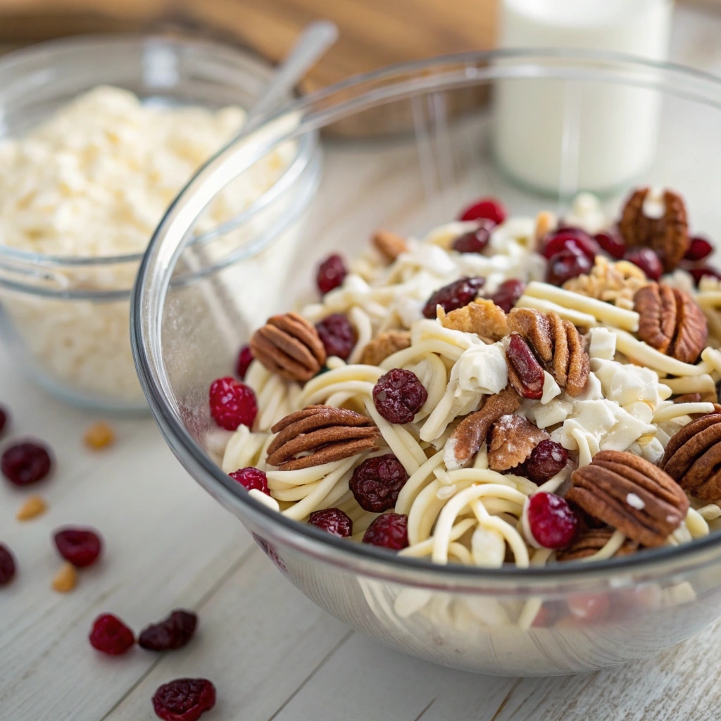 olding noodles into melted white chocolate for white chocolate haystacks