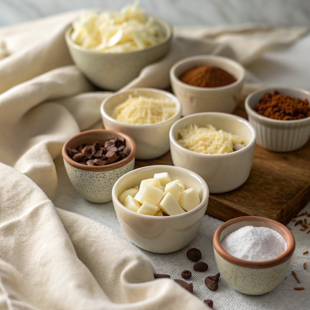 ingredients for white chocolate haystacks arranged in bowls