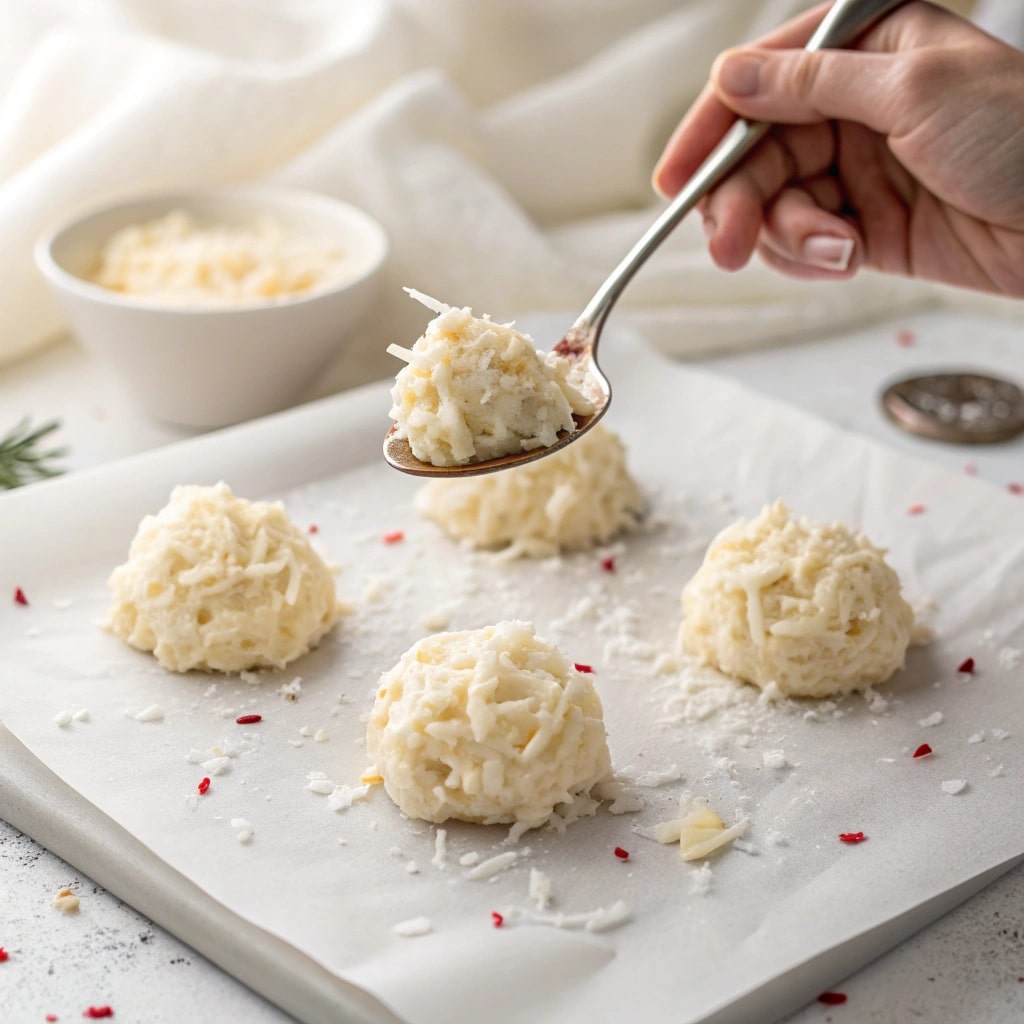 scooping white chocolate haystacks with spoon onto parchment