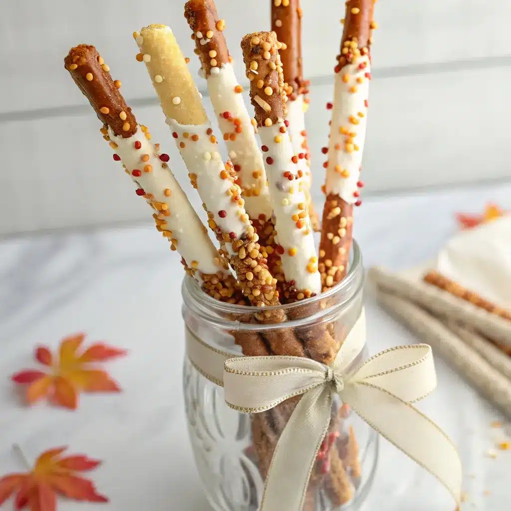 White chocolate dipped pretzel rods with Thanksgiving sprinkles