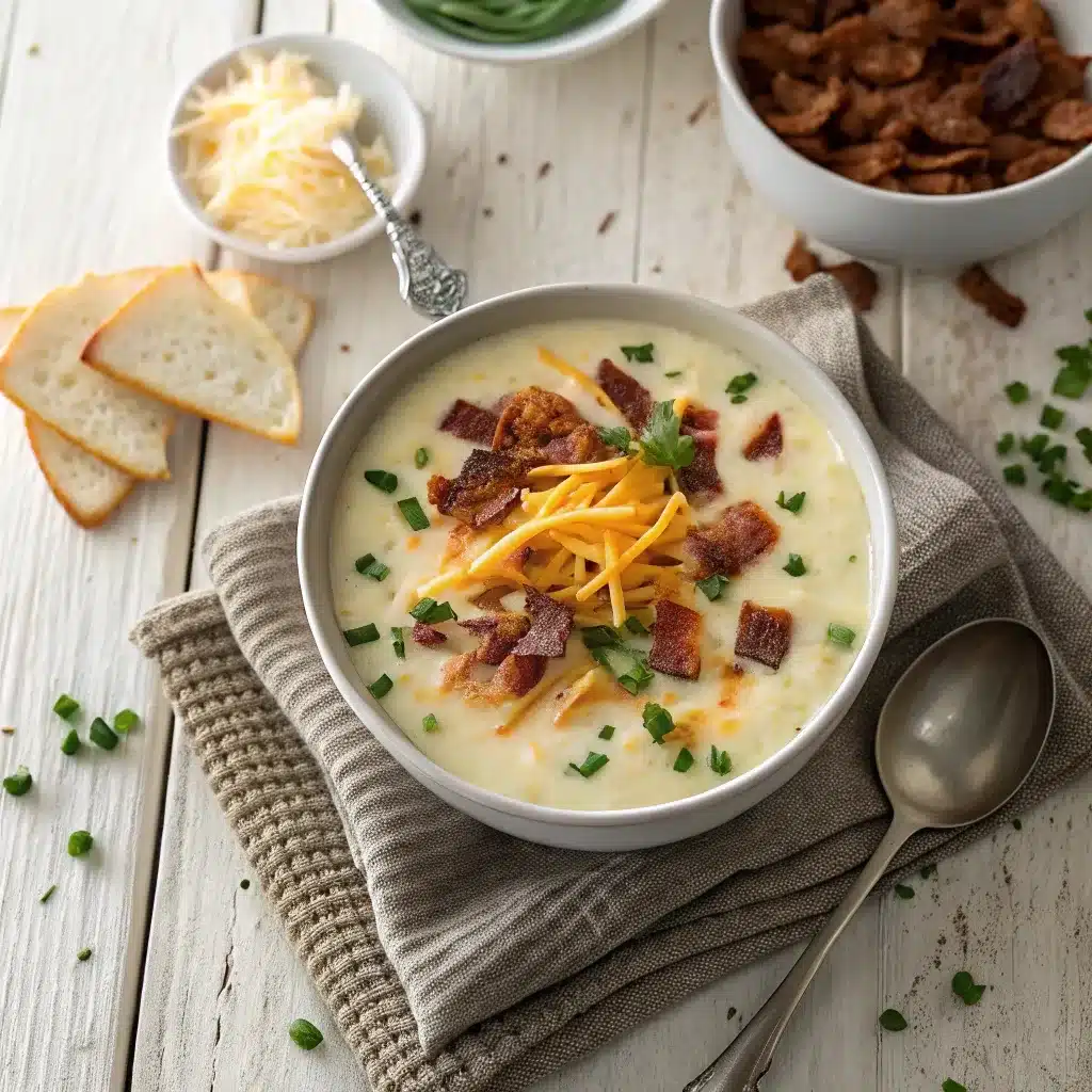 bowl of creamy loaded baked potato soup with bacon, cheese, and chives