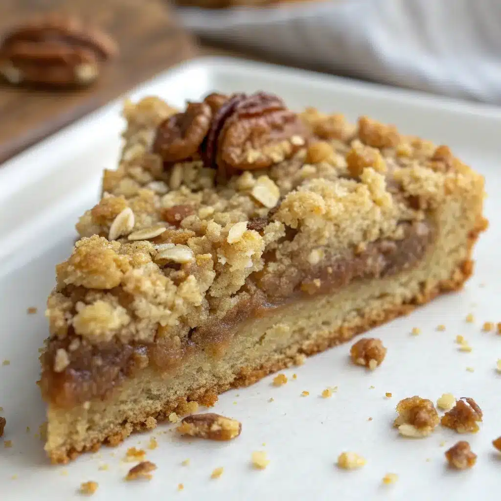 A slice of baked oatmeal topped with a crunchy nut and oat streusel crumble.