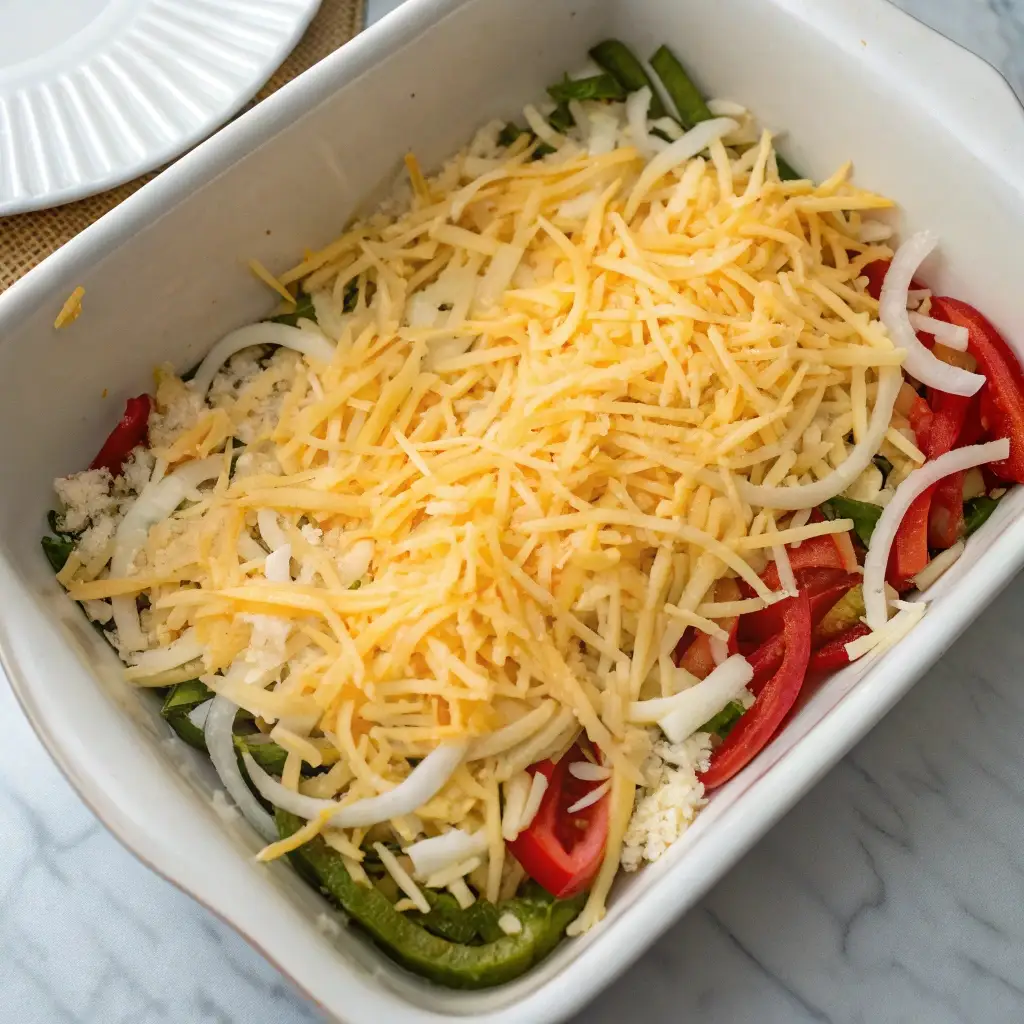 A baking dish filled with sautéed veggies and shredded cheese, ready for the egg mixture.