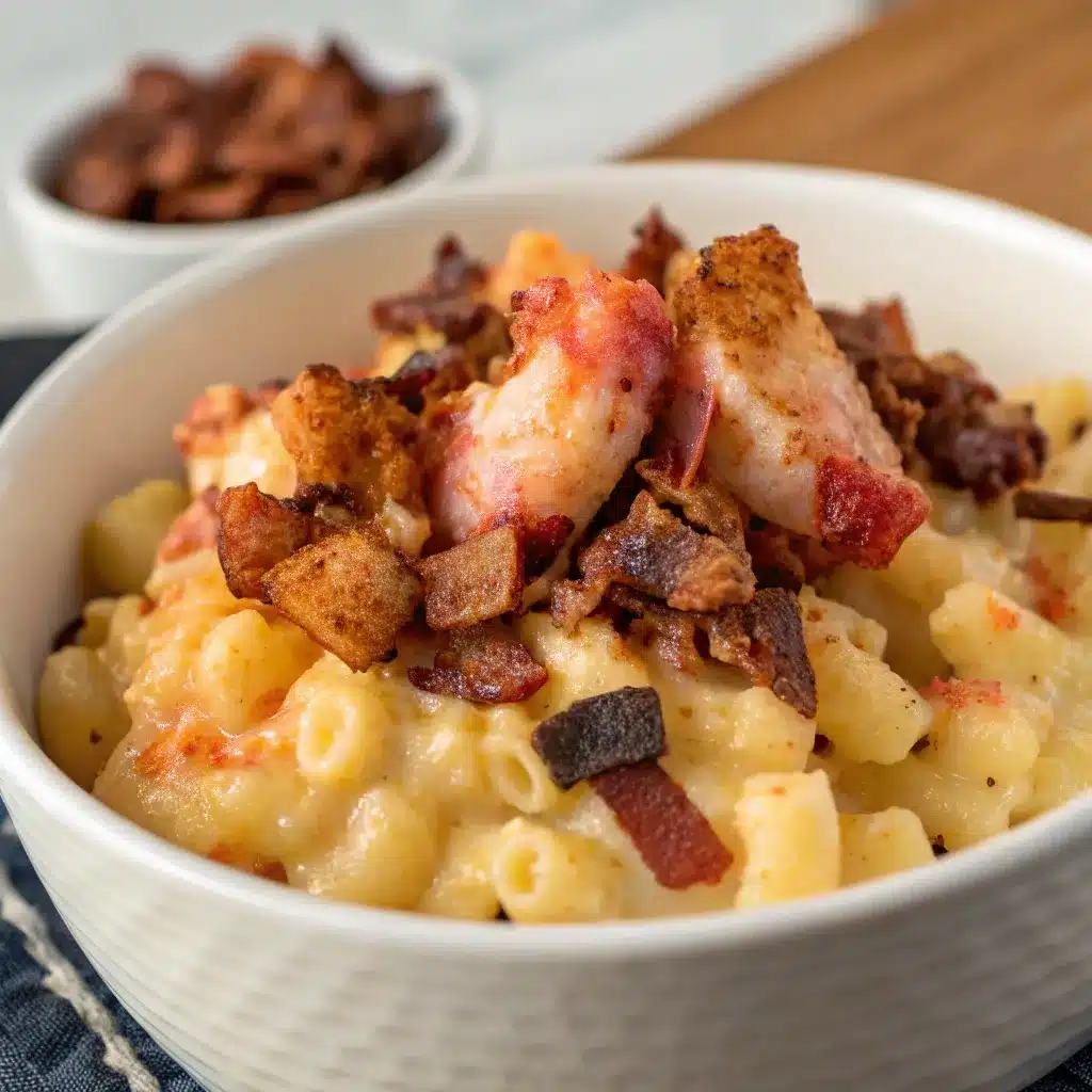 Lobster mac and cheese topped with crispy beef bacon.