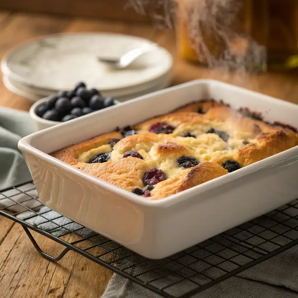 Golden brown blueberry cottage cheese bake fresh out of the oven in a square pan.