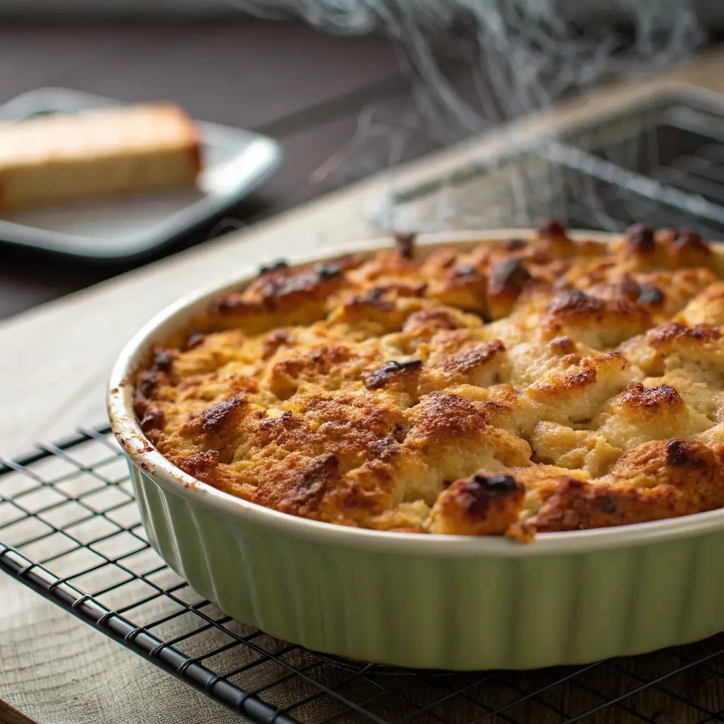 A fully baked, golden brown protein french toast casserole fresh from the oven.