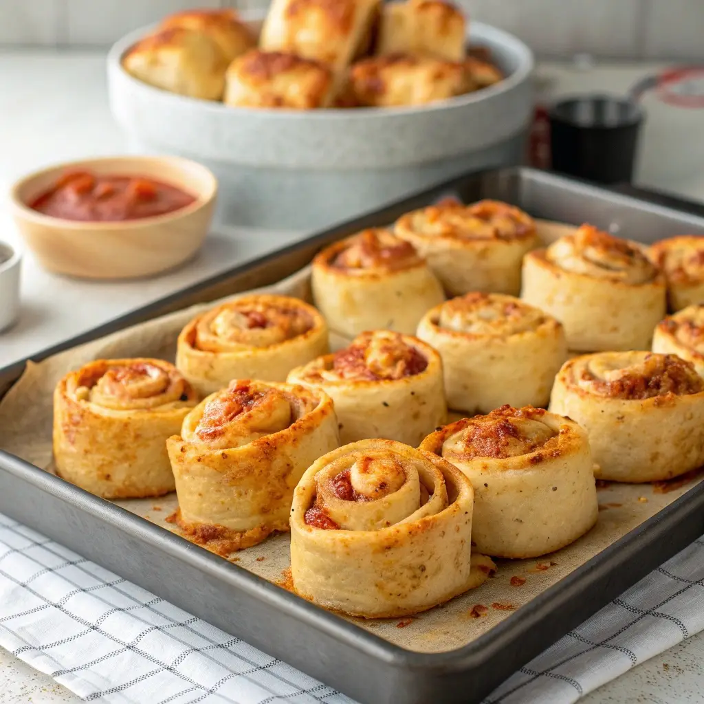 A baking sheet filled with golden brown, baked high protein pizza rolls.