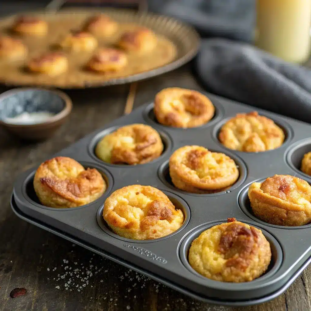 The golden-brown baked high protein pancake sausage mini muffins, fresh out of the oven in their muffin pan.
