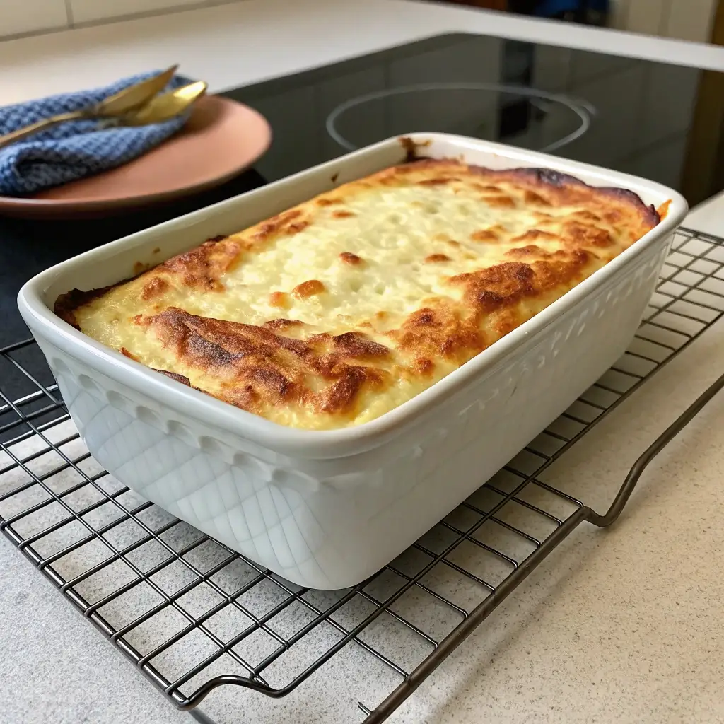 A golden brown, puffed up cottage cheese egg bake fresh out of the oven in a white dish.