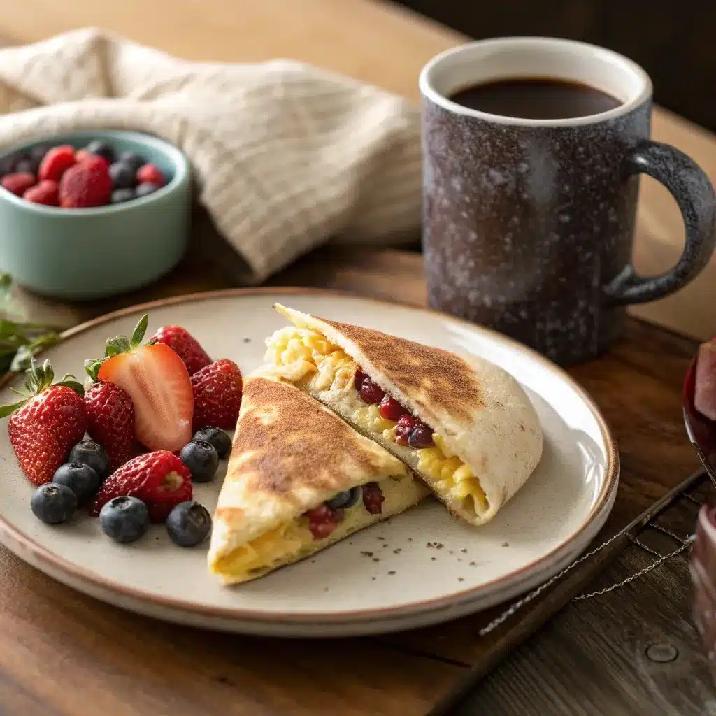 A plate with a breakfast crunchwrap cut in half, fresh berries, and a coffee.