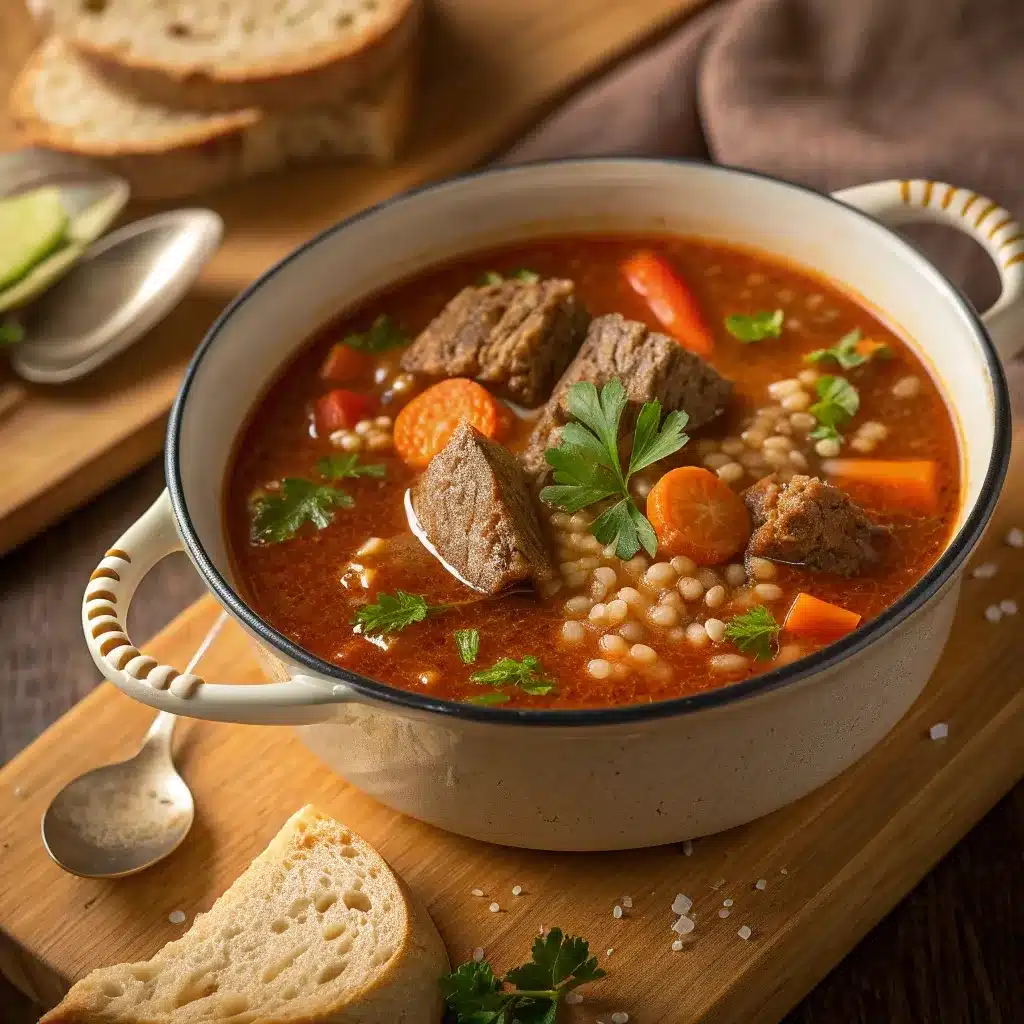 Hearty beef and barley soup with carrots and parsley in a rich, steamy broth.