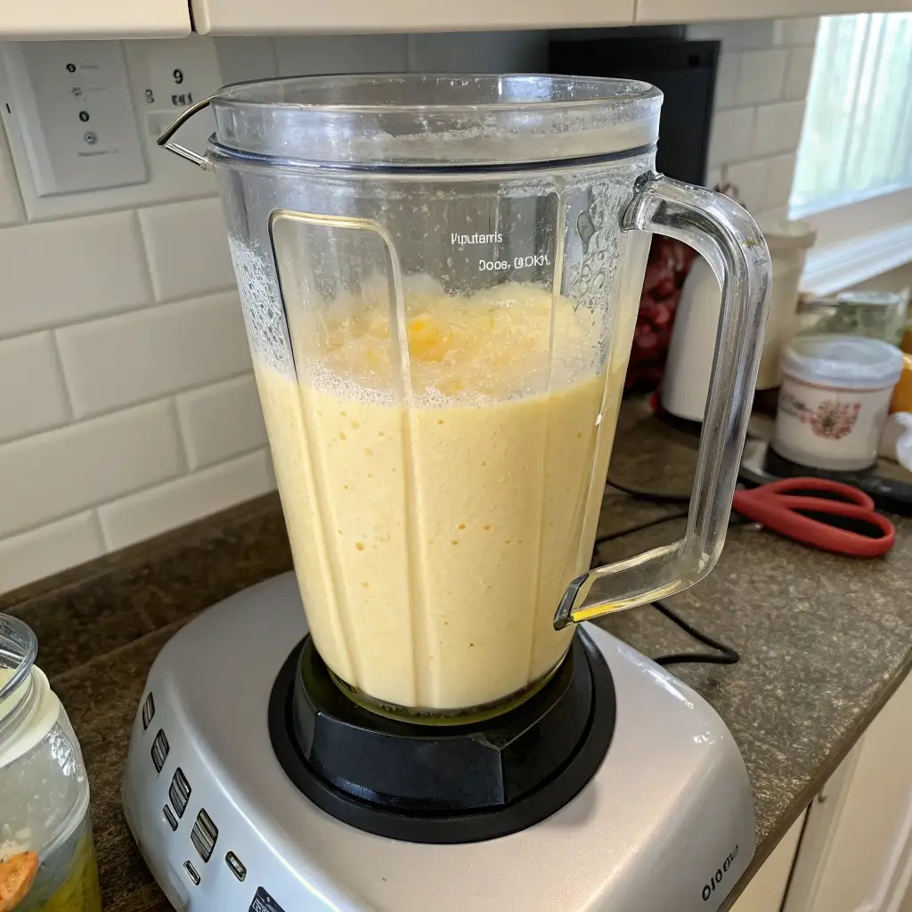 A blender pitcher filled with smooth, blended egg and cottage cheese batter.