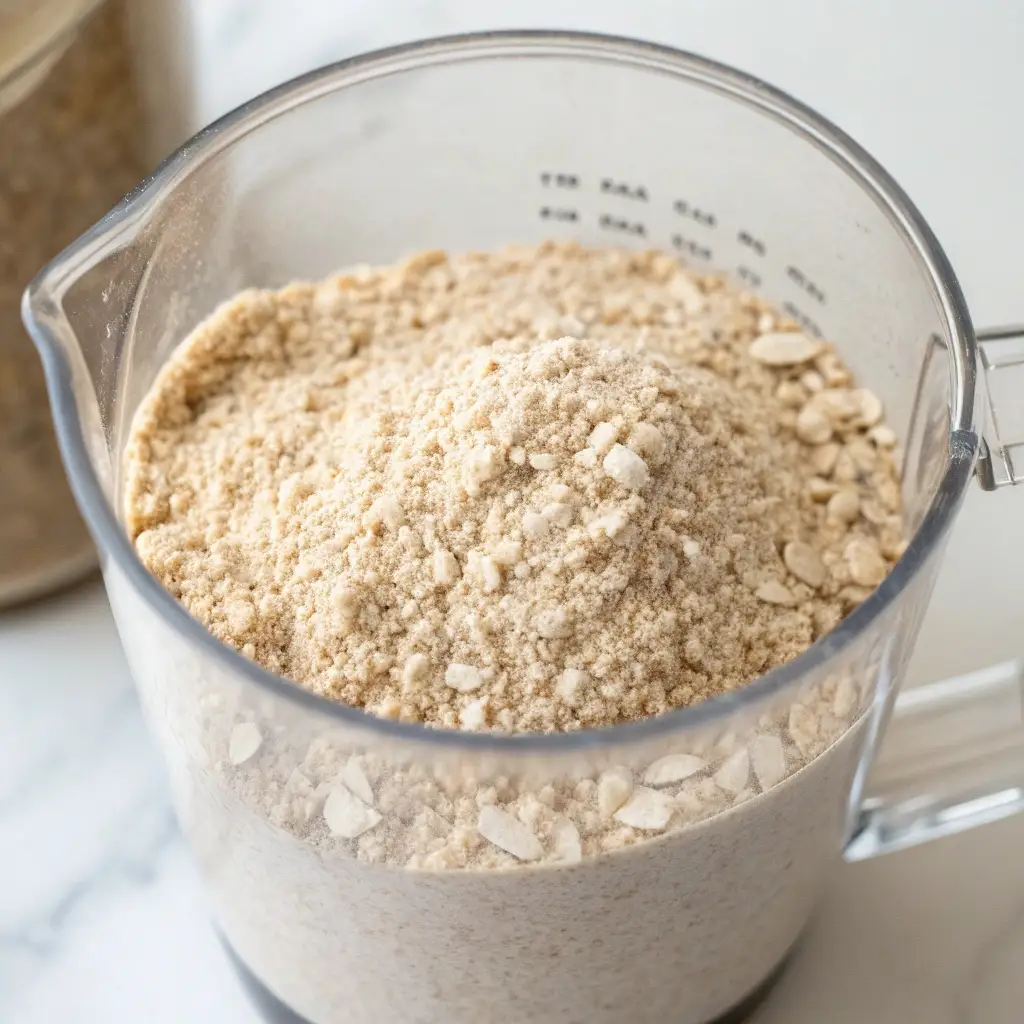 A blender cup filled with finely ground oat flour.