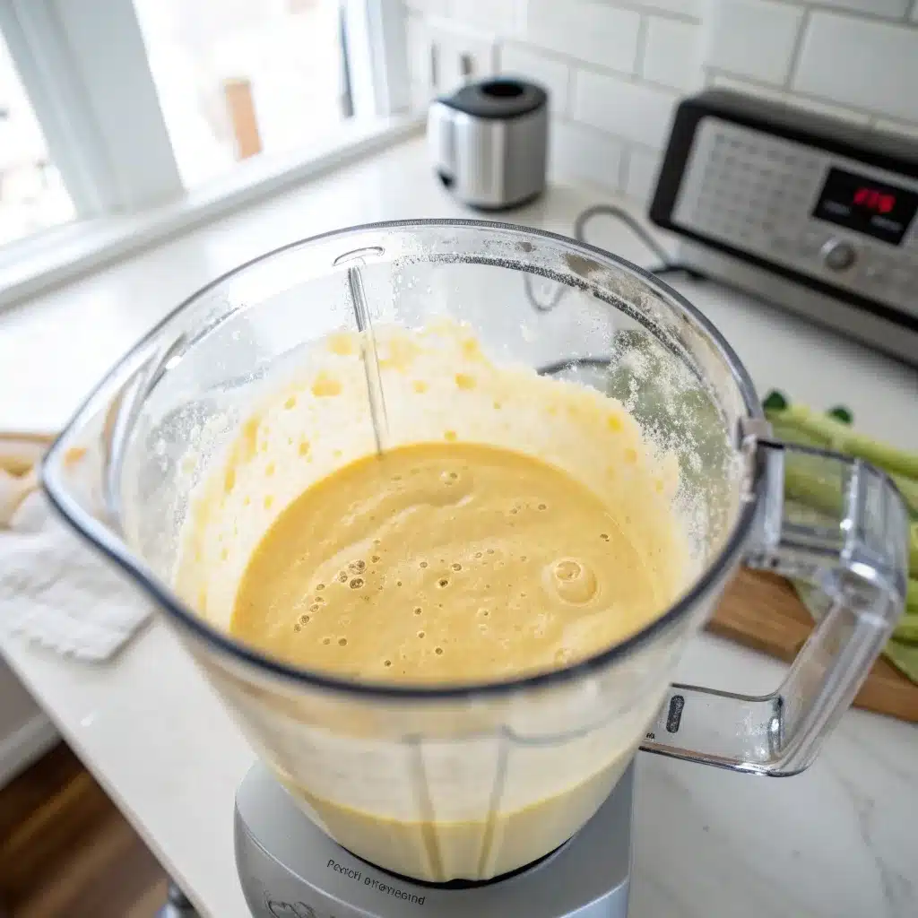 High speed blender jar filled with smooth yellow batter for breakfast bake.