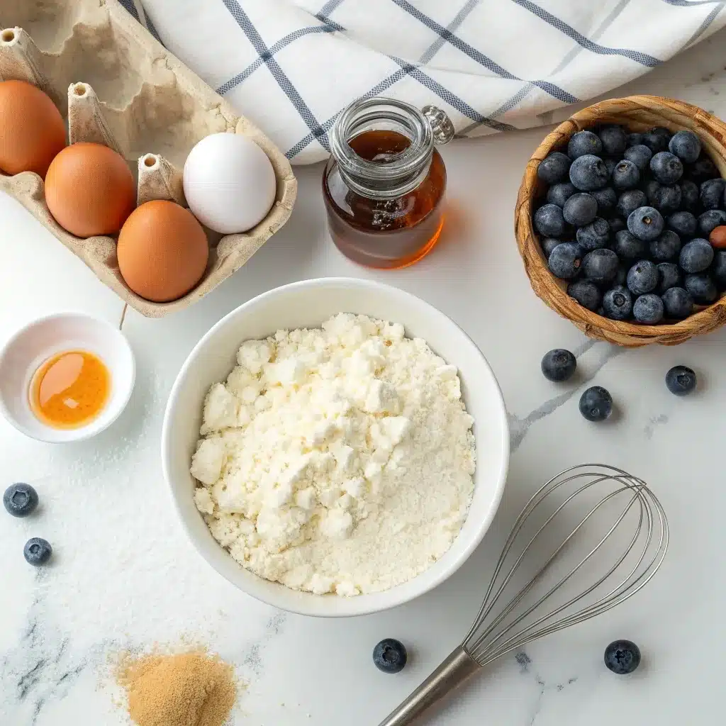 Flatlay of cottage cheese, eggs, oats, and fresh blueberries on a marble counter.