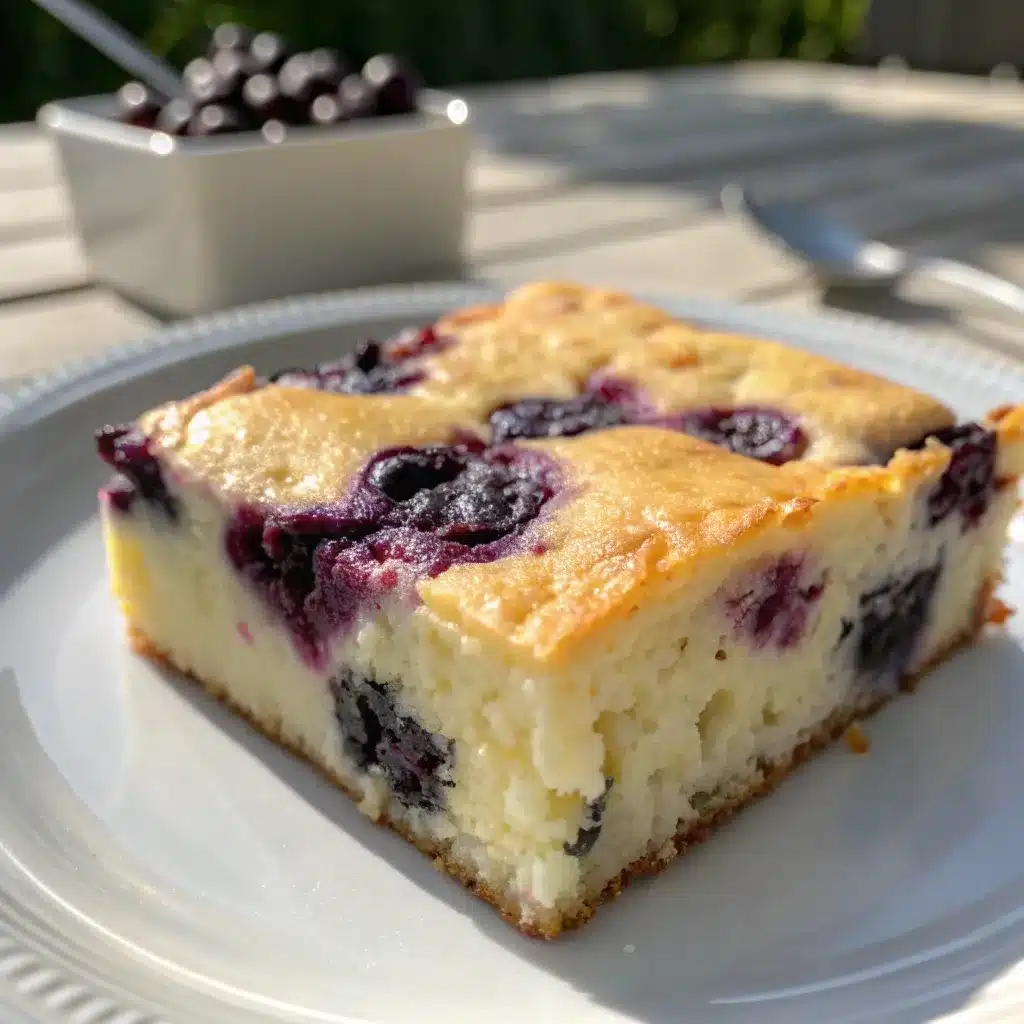 A close-up slice of blueberry cottage cheese breakfast bake showing creamy custard texture and bursting blueberries.