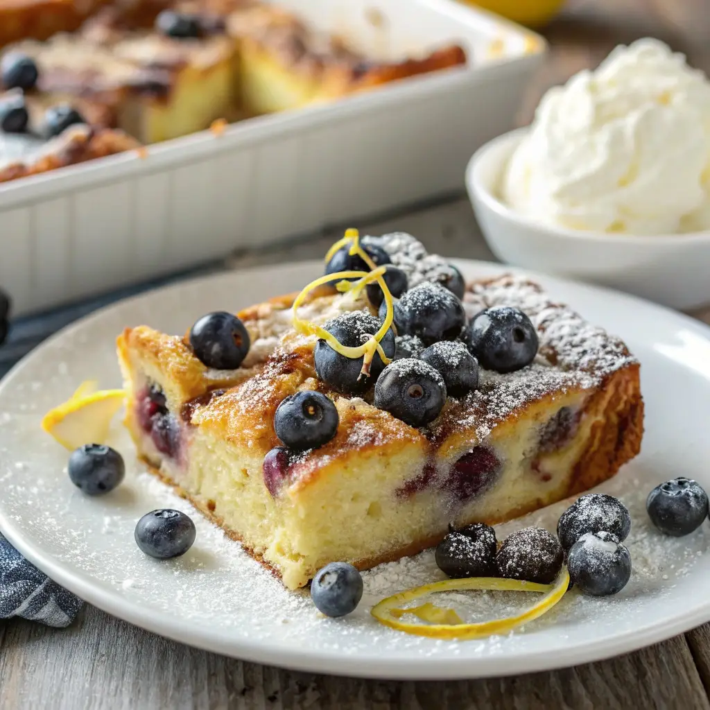 A slice of blueberry lemon french toast casserole with fresh blueberries and zest.