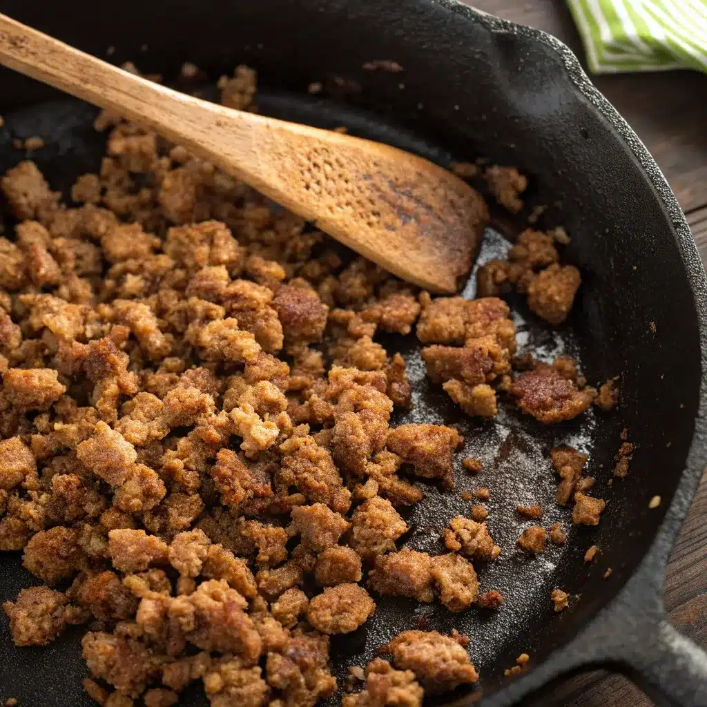 A close-up overhead shot of cooked and crumbled ground breakfast sausage in a dark skillet.
