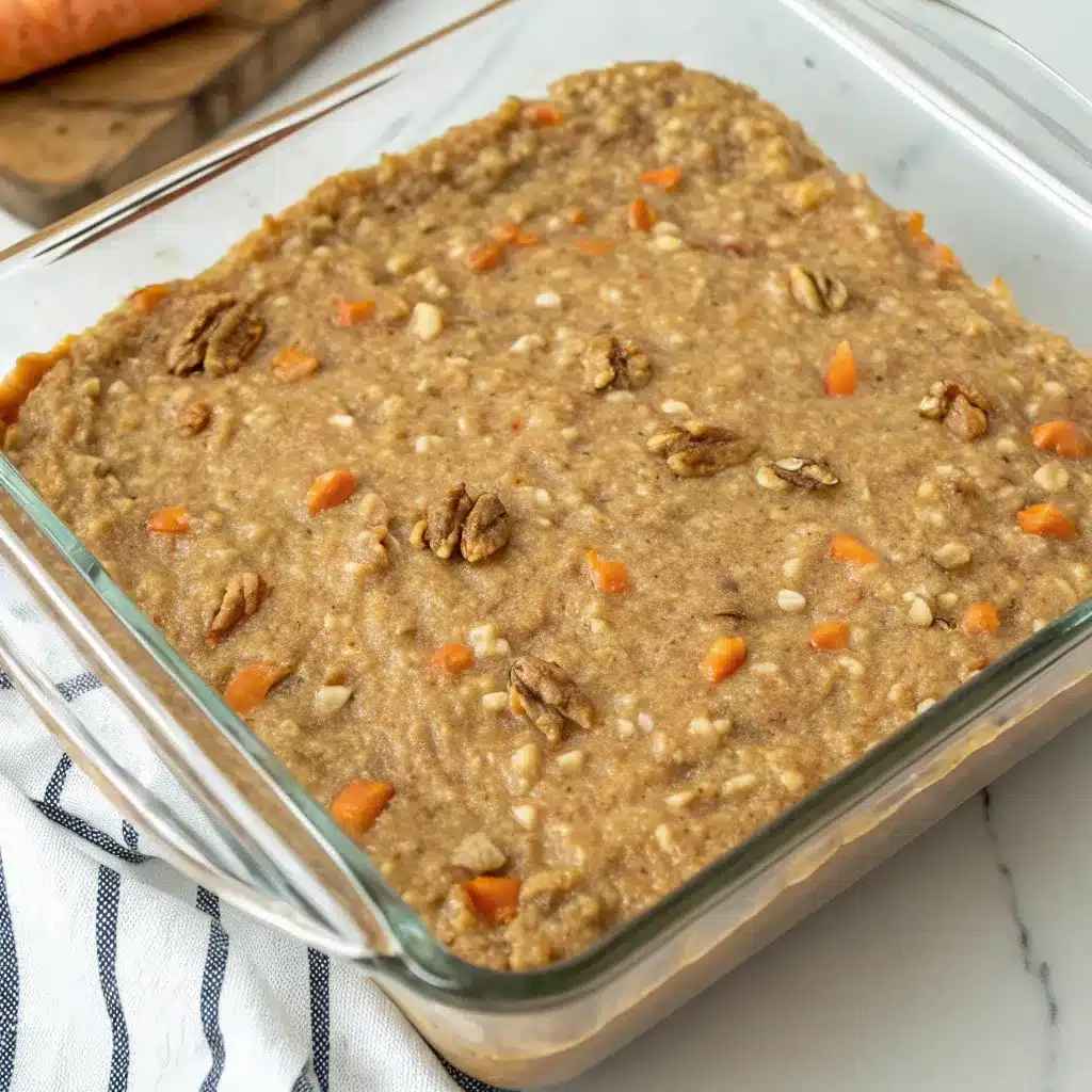 The high protein carrot cake baked oatmeal batter spread in a glass dish, ready to be baked.