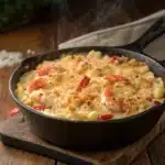 Cast iron skillet filled with golden baked lobster mac and cheese with visible lobster pieces.