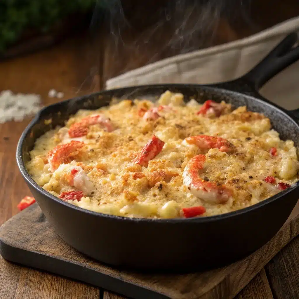 Cast iron skillet filled with golden baked lobster mac and cheese with visible lobster pieces.