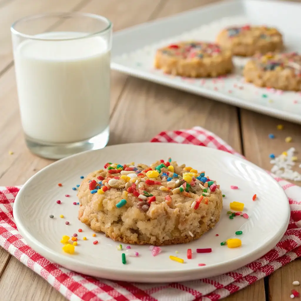 A festive breakfast setting with sugar cookie baked oats and a glass of milk.