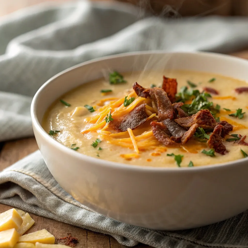 Bowl of creamy potato soup topped with cheddar cheese, herbs, and crispy bacon.